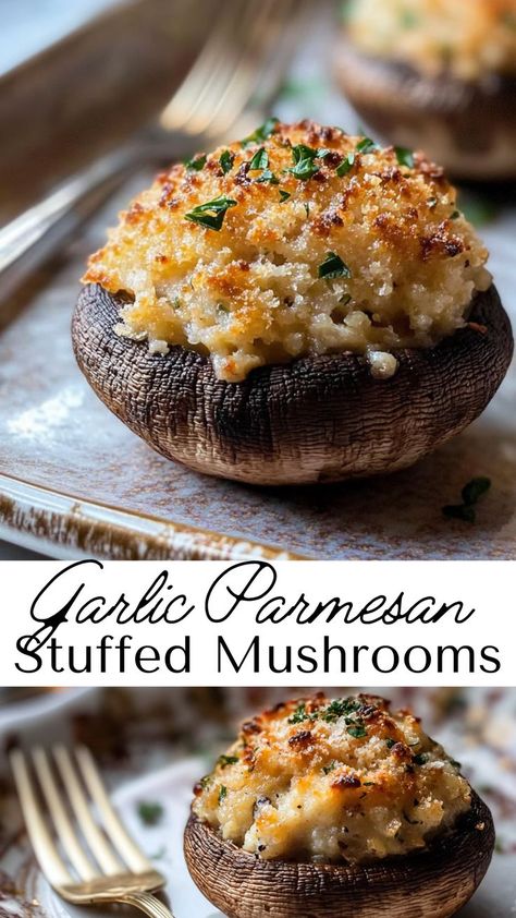 Add some cozy comfort to your fall dinner table with these garlic parmesan stuffed mushrooms. A perfect blend of garlic, herbs, and parmesan cheese makes this a delicious appetizer. Ideal for fall gatherings, these mushrooms are a must-try for any fall menu, bringing seasonal flavor to every bite. Stuffed Mushrooms With Ricotta Cheese, Big Stuffed Mushrooms, Stuffed Portables Mushrooms, Vegetarian Stuffed Mushrooms Appetizers, Stuffed Mushrooms Ritz Crackers, Ina Garden Stuffed Mushroom, Pancetta Stuffed Mushrooms, Garlic Parmesan Stuffed Mushrooms, Fancy Stuffed Mushrooms