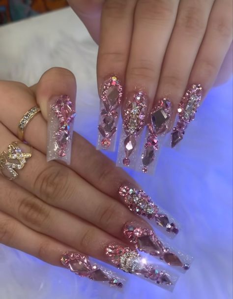 Prom Nails Acrylic Bling, Cute Bling Acrylic Nails, Nails With Big Rhinestones, Nails With Lots Of Rhinestones, Bedazzle Nails, Bling Nails Pink, Nails Bedazzled, Nails Bling Rhinestones, Large Rhinestone Nails