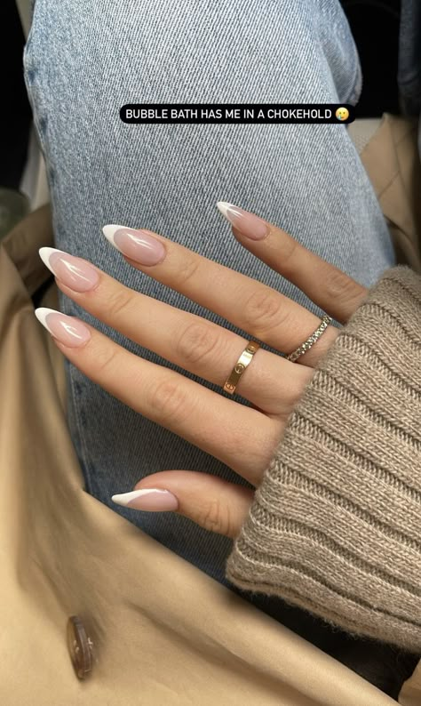 Almond Shape French Tip Nails With Rhinestones, Almond Acrylic Nails White Tip, Almond Shape White Nails With Designs, Square Vs Almond French Nails, French Mani Ideas, Bridal Nails Wedding Almond, Fun Wedding Guest Nails, Popular Nail Shapes 2023, Sharp Almond French Tip Nails