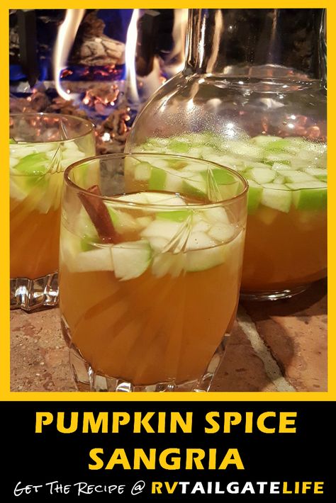 Fall is coming! Fall is coming! Try this awesome Pumpkin Spice Sangria at your next RV tailgate or football game watch party! It's awesome because, yes, Pumpkin Spice. Sangria Fall, Spiced Sangria, Tailgate Drinks, Fall Tailgating, Tailgating Food, Peter Pumpkin, Apples Cinnamon, Pumpkin Eater, Fall Drink