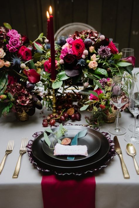 Moody Wedding Tablescape, Red And Purple Flowers, Tuscan Inspired Wedding, Getting Married In Italy, Wedding Styled Shoot, Jewel Tone Wedding, Wedding Tablescape, Tuscan Inspired, Quirky Wedding