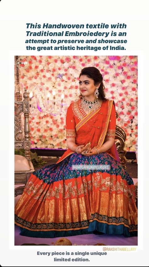 Traditional Ikat lehenga with Zari embroidery Ikat Lehenga, Bhargavi Kunam, Langa Voni, Lehenga Saree Design, Long Gown Design, Indian Outfits Lehenga, Half Saree Lehenga, Lehnga Dress, Zari Embroidery