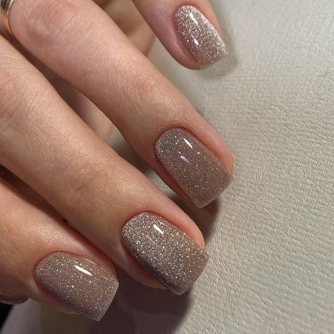 Big Sparkle Nails, Nails With Glitter At Cuticle, Taupe Glitter Nails, Light Brown Glitter Nails, Sparkly Short Nails Glitter, Cream Sparkle Nails, Tan Sparkle Nails, Neutral Shimmer Nails, Beige Sparkle Nails