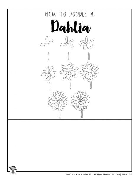 Dahlia Flower Doodle, Dahlia Doodle, Dalia Drawing, Doodle Art For Kids, Flower Doodle Art, Dalia Flower, Flowers For Kids, Trin For Trin Tegning, How To Draw Flowers