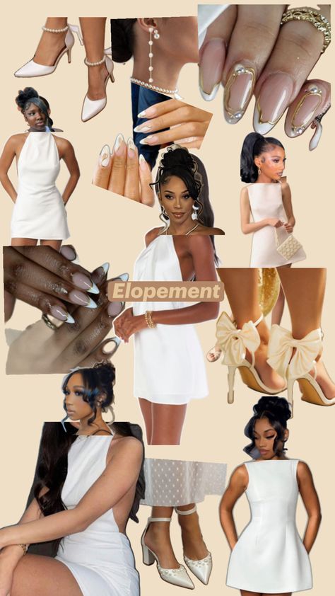 Wedding Elopement Court House Pearls Bridal Heels White Dress Midi Dress Halter Dress Gold Nails French Tips Wedding Nails UpDo Hair Black Woman Black Girl French Tips Wedding, Gold Nails French, White Dress Midi, Nails French Tips, Heels White, Bridal Heels, Nails French, Dress Halter, French Tips