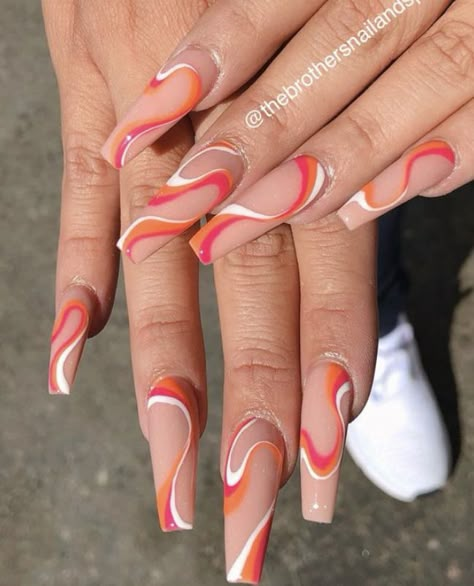 Orange Swirl Nail Designs, Swirls On Nails, Orange French Tip Swirl Nails, Pink And Orange Swirl Nails, Colorful Swirls Nails, Orange And Pink Nails Swirls, Swirl Nails, Simple Acrylic, Almond Shape Nails