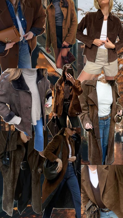 Suede trench coat, suede jacket outfit inspo, fall outfit ideas Brown Trench Coat Outfit, Brown Suede Jacket Outfit, Brown Jacket Outfit, Suede Jacket Outfit, Suede Outfit, Suede Trench Coat, Creative Fashion Photography, Fashion Moodboard, Relaxed Outfit