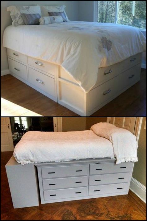 Diy Storage Bed, Zimmer Diy, Farmhouse Bed, Murphy Bed Ikea, Diy Platform Bed, Murphy Bed Diy, Murphy Bed Plans, Room Hacks, Dresser Storage