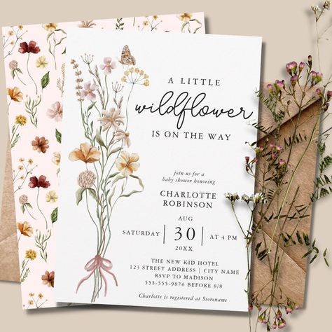 $2.82 | A Little Wildflower Girl Baby Shower Invitation #littlewildflower #wildflowerbabyshower #nature #floral #spring #babygirl #watercolor #summer #outdoorbotanicalwildflower #babyinbloom Wildflower Is On The Way, Baby Girl Shower Invitations, Bebe Shower, Wildflower Baby Shower, Theme Nature, Spring Baby Shower, Baby In Bloom, Bloom Baby, Baby Shower Flowers