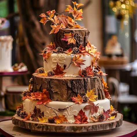 Autumn Country Wedding, Wedding Cake Designs 5 Tier, Rustic Fall Wedding Aesthetic, Fall Fantasy Wedding, Fall Theme Wedding Cake, Pumpkin Spice Wedding, Rustic Cake Design, Log Wedding Cake, Pumpkin Wedding Cake