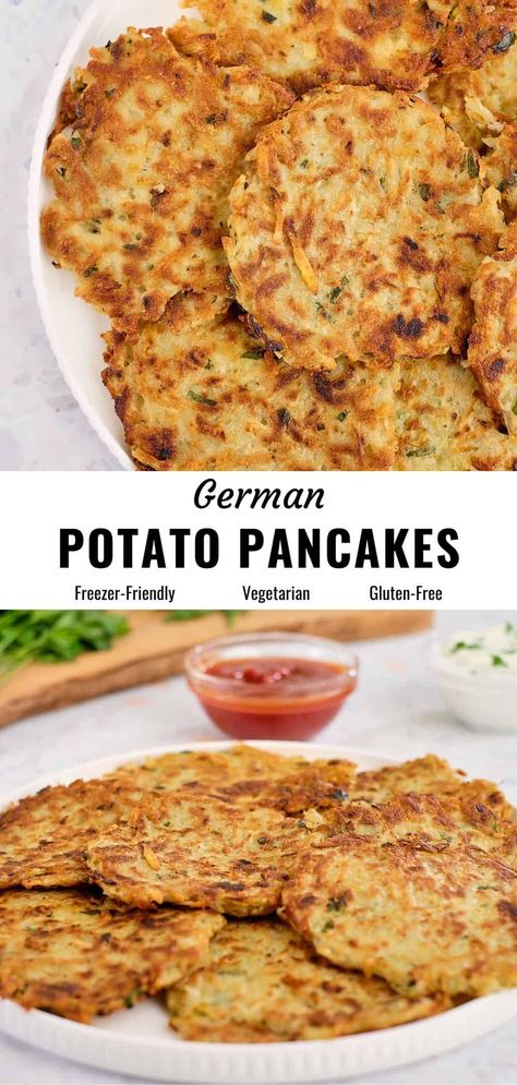 Potato Pancakes Shredded, Gluten Free Potato Pancakes, Potato Pancakes Recipe, German Potato Pancakes, Food Sides, Potatoe Pancake Recipe, Homemade Tofu, German Potato, Breakfast For A Crowd