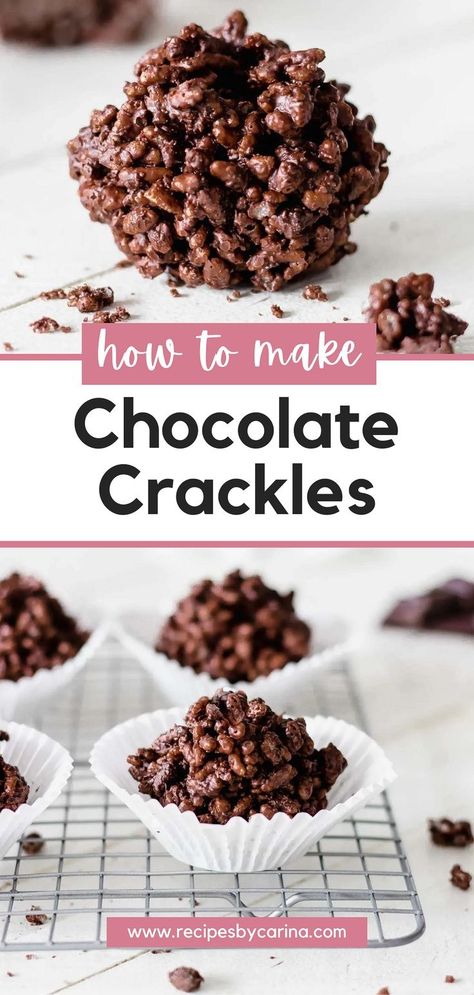 These delicious Chocolate Crackles have been a favourite at children’s birthday parties. Made with real chocolate they’re a sweet treat everyone loves! Chocolate Crackles Recipe, Easter Nests Recipe, Creative Baking Recipes, Rice Bubble Slice, No Bake Coconut Cookies, Flake Chocolate, Lolly Cake, Chocolate Crackles, Rice Bubbles