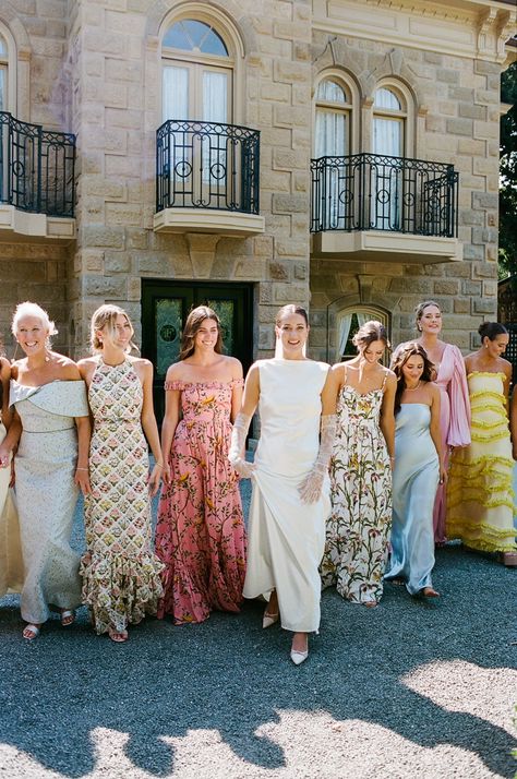 Mother Of Bride Dresses Modern, Fun Bridesmaid Dresses Color Schemes, No Traditional Bridesmaid Dresses, Same Color Different Texture Bridesmaid, Unique Bridesmaid Color Scheme, Bridesmaid Dresses Pattern, Eclectic Bridesmaids Dresses, Garden Party Black Tie, Bridesmaid Dresses Group