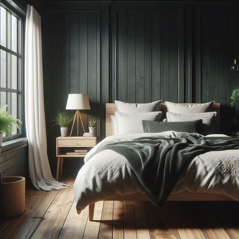 Modern Dark Green Bedroom Dark Bedroom Accent Wall, Dark Green Wall Bedroom, Dark Green Bedroom Ideas, Dark Green Bedroom, Dark Bedding, Green Bedroom Ideas, Dark Green Walls, Gold Framed Mirror, Dark Bedroom