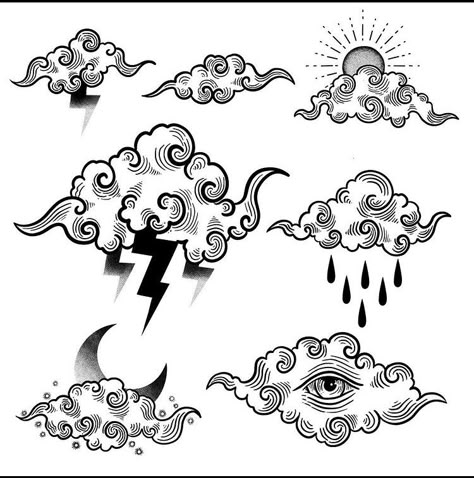 Traditional Tattoo Clouds, Rain Cloud Tattoos, Cloud Tattoos, Cloud Tattoo Design, Rain Tattoo, Storm Tattoo, Lightning Tattoo, Painted Converse, Engraving Tattoo