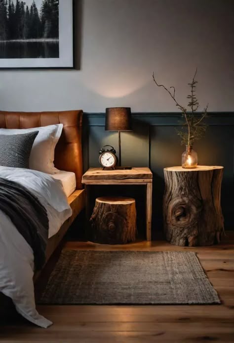 Modern Cabin Guest Bedroom, Manly Bedroom Decor, Modern Viking Bedroom, Alpine Bedroom Ideas, Moody Primary Bedroom Ideas, Masculine Bedroom Colors, Bedroom Design Masculine, Brown Orange Bedroom, Wood In Bedroom