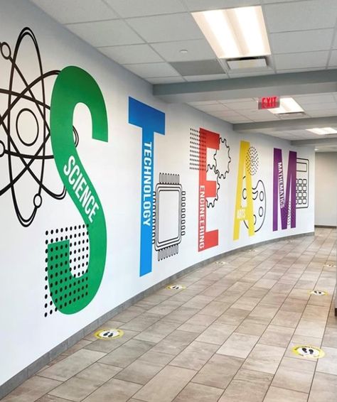 Classroom Magnet Board, Office Wall Graphics Design, Steam Classroom Design, Steam Lab Design, Stem Mural, School Signage Design, School Wall Graphics, School Wall Design, Infographic Wall