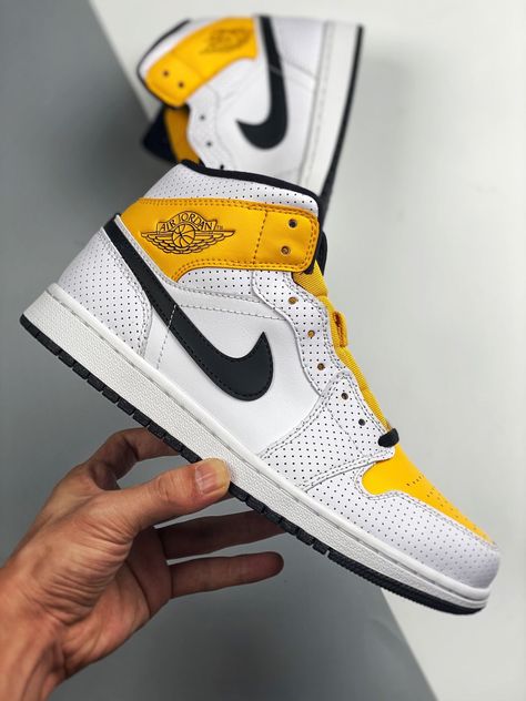 Up to 40% off on Air Jordans Air Jordan 1 Mid White, Jordan 1 Mid White, Buy Jordans, Perfect Heels, Nike Gold, Gold For Sale, Perforated Leather, Air Jordan 1 Mid, Jordan 1 Mid