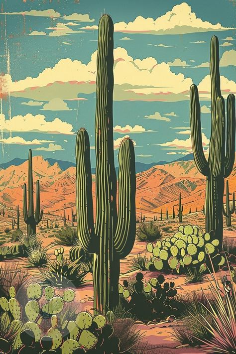 Southwest Illustration, Unique Cactus Plants, Cactus Artwork, Cactus Landscape, Desert Scenery, Cactus Paintings, Western Prints, Cactus Drawing, Western Landscape