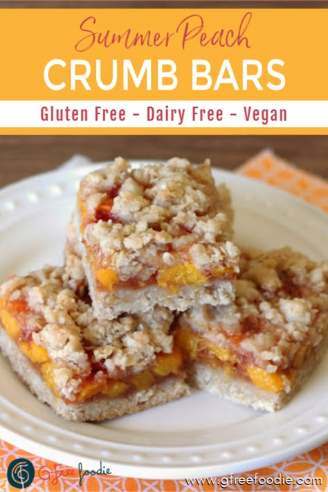 PEACH CRUMB BARS Peach cobbler, peach crumble, peach crisp....there are lots of different names to call the base recipe for these delicious gluten free, vegan bars. Whatever you choose to call them, they're the perfect grab-and-go snack, dessert, or even breakfast! This tasty treat is super easy to make, which is a good thing because you'll be making them all summer long! #gfreefoodie #peaches #dessert #summer Peach Crumb Bars, Cobbler Peach, Baking Gluten Free, Vegan Peach, Crumb Bars, Peach Crumble, Peach Recipes, Peach Crisp, Peach Desserts