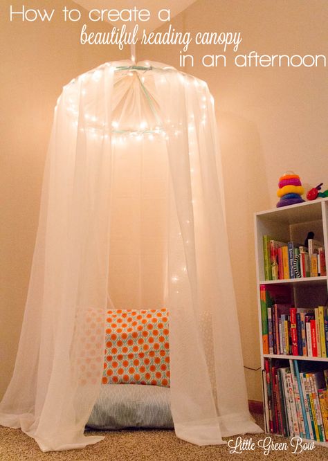 Create a Beautiful Reading Canopy in One Afternoon — Little Green Bow Reading Canopy, Diy Canopy, Fabric Canopy, Bed Canopy, In The Corner, Canopy Bed, Reading Corner, Canopy Outdoor, Big Girl Rooms