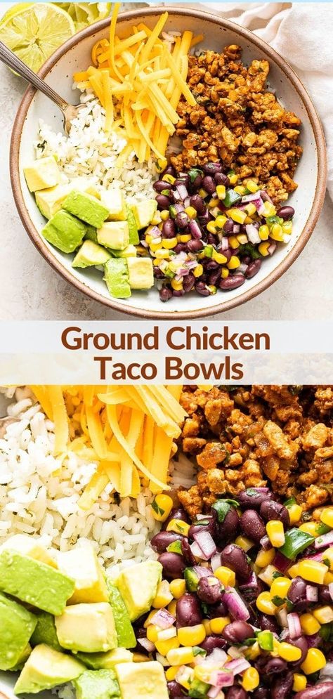 Best Ground Chicken Recipes, Ground Chicken Wraps, Ground Chicken Taco Bowl, Ground Chicken Mexican Recipes, Ground Chicken And Rice Recipes, Ground Chicken Salad, Ground Chicken Bowls, Taco Bowls Healthy, Easy Ground Chicken Recipes