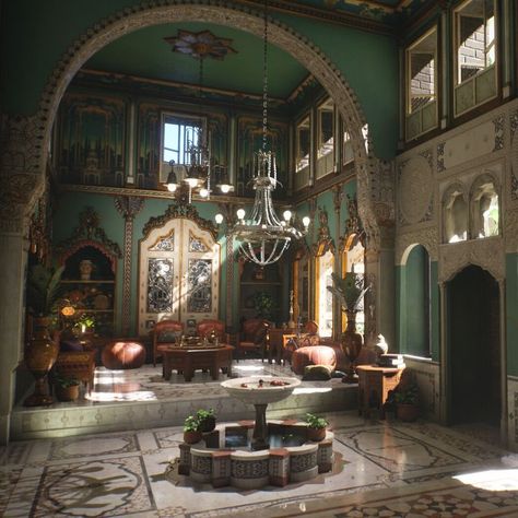 Damascene House, Aladdin Palace, Syrian House, Ball Rooms, Molding Ceiling, India Architecture, Damascus Syria, Paintings And Drawings, House Inside