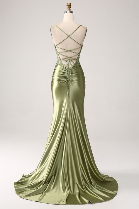 Events Dresses, Back Prom Dress, Green Mermaid, Prom Ideas, Satin Prom Dress, Junior Bridesmaid Dresses, Cowl Neckline, Dress Inspiration, Junior Bridesmaid