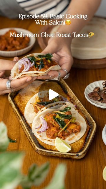 Saloni Kukreja🌷 on Instagram: "Mushroom Ghee Roast Tacos 🌮 I’ve never eaten tacos like this and it’s so satisfying, packed with veggies, flavours and lots of Masala!!   Welcome to Episode 59 of #BasiccookingwithSaloni * where I take you on a journey of cooking basic essential recipes with me ☺️   Here's how you can make this recipe at home ☺️  Ingredients:  - 3 Kashmiri Chilies  - 3 Begdi Mirch  - 4 cloves Garlic  - 2 tsps Coriander seeds - 2 tsp Cumin seeds - 1 tsp Fennel seeds - 1 tsp Mustard  - 1 tsp Methi  - 1/2 tsp Black pepper  - 1 tbsp Tamarind pulp  - 2-3 tbsps Ghee  - 3 tbsps Dahi  - Salt TT - 1 tsp Jaggery  - 2 sprigs Curry Leaves  - 400g Mushroom  -1/2 Onion - 1 tsp turmeric powder  - 2 tbsps Coriander  Assembling : Taco - Paratha   Garnish : Fried Ginger & curry leaves, slice Saloni Kukreja, Fried Ginger, Roast Tacos, Ghee Roast, Cumin Seeds, Turmeric Powder, So Satisfying, Cooking Basics, Coriander Seeds