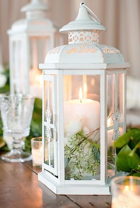 51 Amazing Lantern Wedding Centerpiece Ideas | Page 9 of 10 | Wedding Forward White Lantern Decor, White Lantern Centerpieces, Blush Backdrop, Greenery Runner, Wedding Centerpiece Ideas, Lantern Wedding, Lantern Centerpiece Wedding, Table Lanterns, Glamour Decor