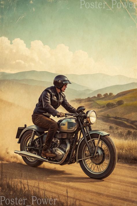 Feel the freedom of the open road. Vintage motorcycle vibes meet breathtaking scenery for the ultimate adventure. Dusty trails and endless horizons await! #VintageMotorcycle #ClassicBike  #MotorcycleLife #AdventureTime #RetroStyle Motorcycle Poster, Breathtaking Scenery, Motorcycle Posters, Classic Bikes, Motorcycle Design, Motorcycle Racing, Vintage Motorcycle, Open Road, Motorcycle Helmets