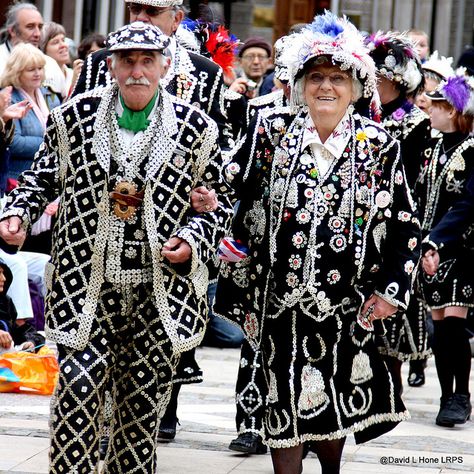 Pearly Kings and Queens by Davidh1947, via Flickr Pearly Queen, Somewhere In The World, White Costume, Olympics Opening Ceremony, Black Rock City, Kings And Queens, Folk Clothing, London History, Queen Costume