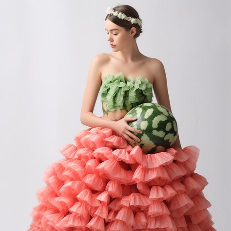 A model wearing a unique Watermelon Dress, fashioned from creatively arranged watermelon rinds, demonstrating the artistic use of organic materials in clothing design Food Inspired Fashion, Watermelon Fashion, Fruits Fashion, Watermelon Aesthetic, Watermelon Outfit, Watermelon Dress, Fashion Illustration Tutorial, Skirt Patterns, Illustration Tutorial