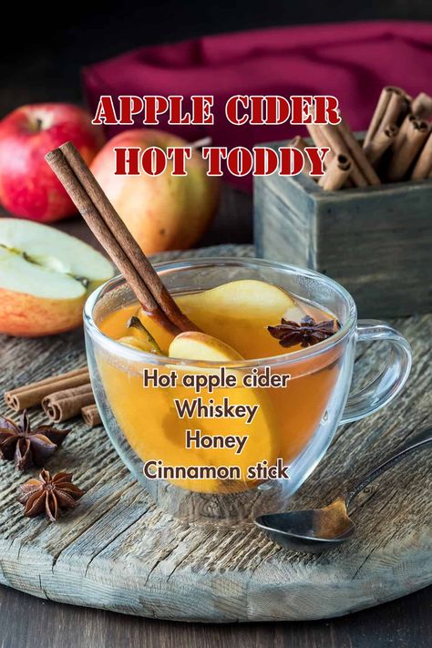 A mug of apple cider hot toddy with apple slices and cinnamon sticks, creating a cozy winter vibe. Hot Toddy Recipe Whiskey, Cider Spices, Hot Cider Recipes, Apple Cider Whiskey, Apple Cider Hot Toddy, Hot Toddy Recipe, Gingerbread Hot Chocolate, Warm Cocktails, Spiked Apple Cider