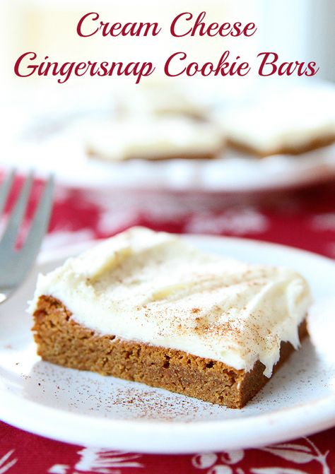 Gingersnap Cookie Bars With Cream Cheese Buttercream Icing  from @kitchenmagpie Gingerbread Desserts, December Food, Sweet Munchies, Gingerbread Bars, Easy Delicious Cookies, Gingerbread Dessert, Gingerbread Recipes, Bars With Cream Cheese, Favorite Christmas Desserts