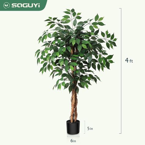 Amazon.com: SOGUYI 4ft Artificial Ficus Tree with Natural Wood Trunk, Silk Fake Ficus Tree in Plastic Nursery Pot, Faux Plant for Office Home, Indoor Outdoor Decor, 1 Pack : Home & Kitchen Wood Trunk, Ficus Tree, Artificial Trees, Office Plants, Faux Plants, Natural Wood, Home Interior Design, Indoor Outdoor, House Interior