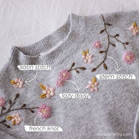 Embroidery Flowers On Sweaters, Embroidery Patterns Sweater, Sweater Flower Embroidery, Patching Clothes With Embroidery, Embroidery On Knitting Patterns, Embroidery Flowers On Clothes, Embroider On Knit, Knit Sweater Embroidery Diy, Sew Flowers On Clothes