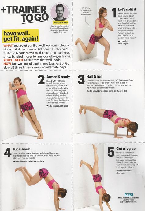 A wall workout from Self magazine and trainer Joshua Lipsey. www.brooklynfitchick.com Wall Exercises, Bodyweight Strength Training, Yoga Stretches For Beginners, Pilates Workout Plan, Mini Workout, Lower Belly Workout, Wall Workout, Daily Workout Plan, Pilates For Beginners