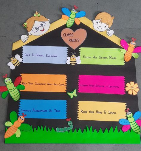 Classroom rules Class Room Rules Soft Board, Classroom Rules Display Ideas, Classroom Rules Craft, Classroom Rules Charts For Preschool, Classroom Rules Chart Ideas, House Chart Ideas For Classroom, Cute Classroom Door Ideas, Class Rules Chart Ideas, Creative Birthday Charts For Classroom