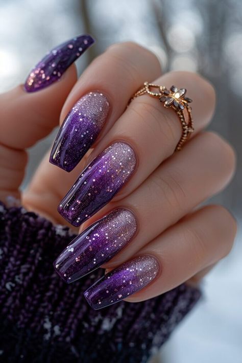 50 Beautiful Purple Nail Art Inspirations for 2024 - Latest & Trendy Nail Designs Sparkly Formal Nails, Sparkly Purple Nail Designs, Purple Formal Nails, Purple Velvet Nails, Nails Inspiration Purple, Birthday Nail Designs, Purple Glitter Nails, Purple Nail Art, Velvet Nails