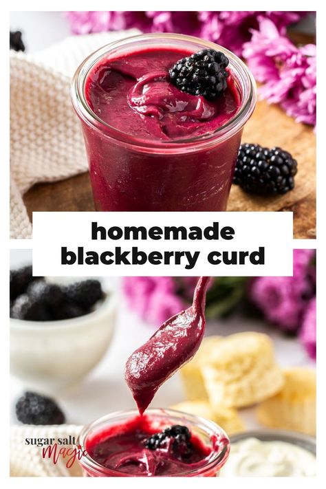 A glass jar filled with a purple fruit curd with a blackberry on top Blackberry Curd Recipe, Blackberry Curd, Blackberry Recipes, Jam Recipes Homemade, Blue Berries, Campbell River, Curd Recipe, Spiralizer Recipes, Butter Recipes