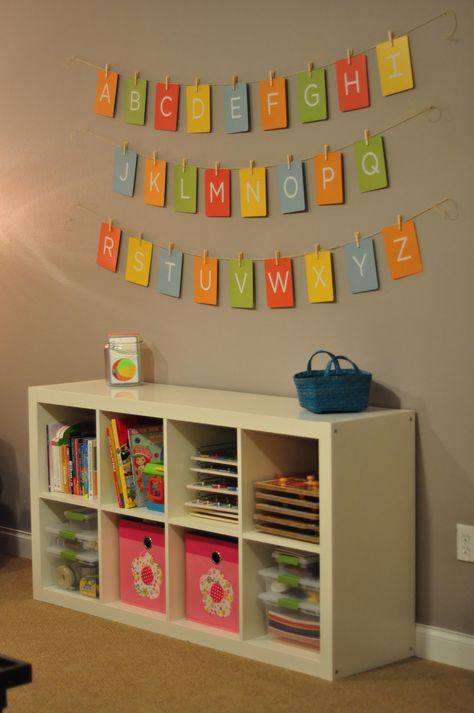 ABC flash card wall art Alphabet Banner, Ikea Expedit, Boys Playroom, Basement Playroom, Abc Alphabet, Home Daycare, Daycare Ideas, Toy Room, Toy Rooms