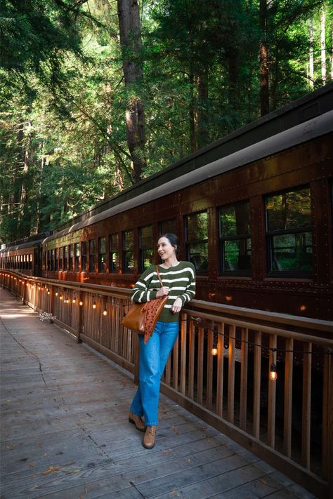 Travel Blogger Jordan Gassner leaning against the Skunk Train platform at Glen Blair Bar in Fort Bragg, California Northern California Travel, Fort Bragg California, Northern California Coast, California Bucket List, California Towns, Mendocino Coast, Fort Bragg, California Coast, California Travel