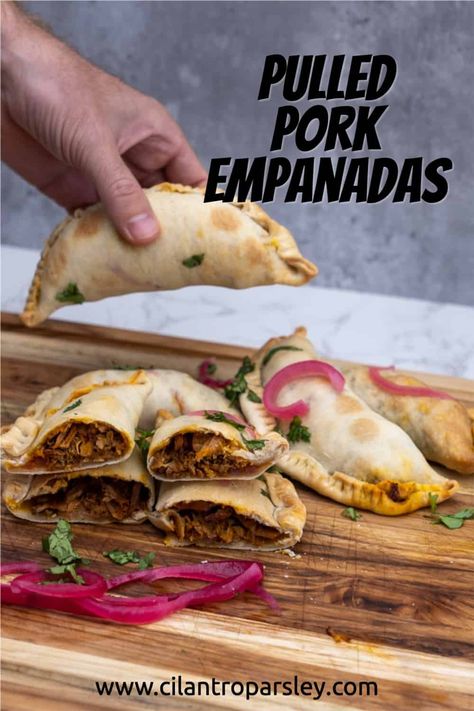 Pork Empanadas Recipe, Pulled Pork Empanadas, Krempita Recipe, Pulled Pork Carnitas, Pork Empanadas, Empanada Dough, Cilantro Parsley, Easy Pulled Pork, Empanadas Dough