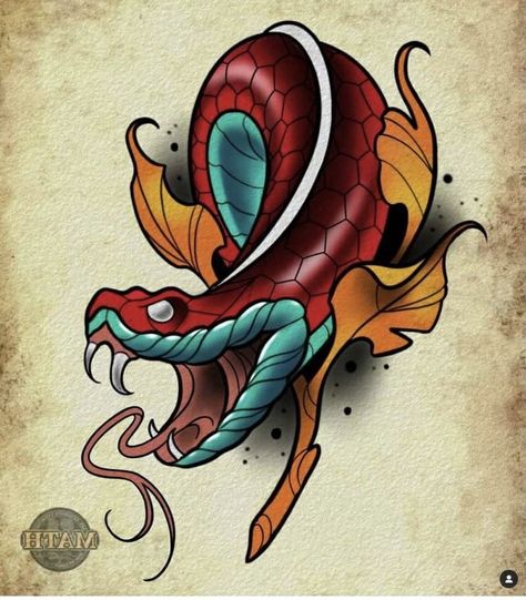 Neo Traditional Snake Tattoo Design, Neotraditional Small Tattoo, Traditional Colored Tattoos, Newschool Tattoos Design, Neo Trad Japanese Tattoo, Neotraditional Dragon Tattoo, New School Japanese Tattoo Designs, Traditional Tattoo Art Color, Neo Trad Snake