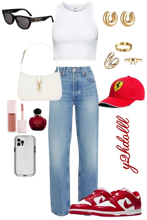 casual ferrari f1 outfit Go Kart Outfit Casual, Go Karting Outfit Ideas, Go Kart Outfit Summer, Race Event Outfit, Formula1 Outfit For Women, F1 Cota Outfit, F1 Paddock Outfit Ideas, Ferrari Outfit F1, Formula One Outfit Ideas