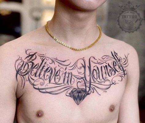 Chest Lettering Tattoo, Chest Tattoo Writing, Word Tattoo Designs, 88 Tattoo, Typography Tattoo, Black Art Tattoo, Word Tattoo, Men Tattoos Arm Sleeve, Health Tattoo