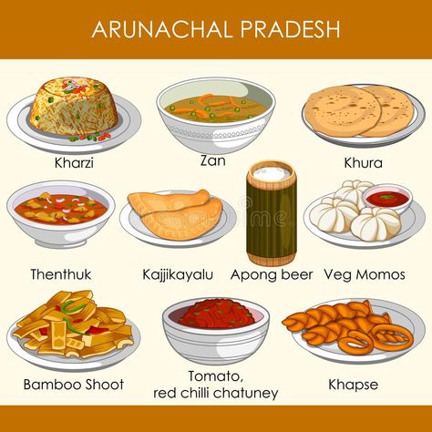 Illustration of delicious traditional food of Arunachal Pradesh India royalty free illustration India Illustration, Aam Panna, Garnish Ideas, Gk Facts, Food Calorie Chart, Traditional Indian Food, Indian States, Homemade Cookbook, Food Map