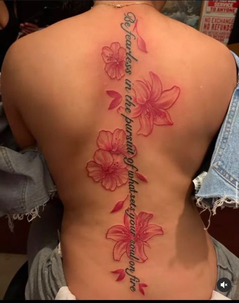 Back Spine Tattoo Women Flowers, Hindi Spine Tattoo, Flower Butterfly Back Tattoo, Hibiscus Tattoo On Back, Lilies Spine Tattoo, Spinal Back Tattoo, Side Tattoos Women Ribs Quotes, Japan Back Tattoo, Flower Tattoos On Side