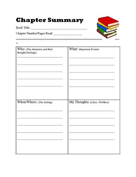 Feel free to print this "Chapter Summary" for your children to use while reading their chapter books. This will help if they need to write a book report. They can use this to summarize each chapter and at the end of the book, they'll have something they can look back on before writing their final piece. To print: Click the box below the picture.Click the box below to print the "Chapter Summary". Happy Homeschooling! Summary Writing, Chapter Summary, Writing Lines, Write A Book, Likes And Dislikes, Homeschool Printables, Book Report, Chapter Books, Thoughts And Feelings